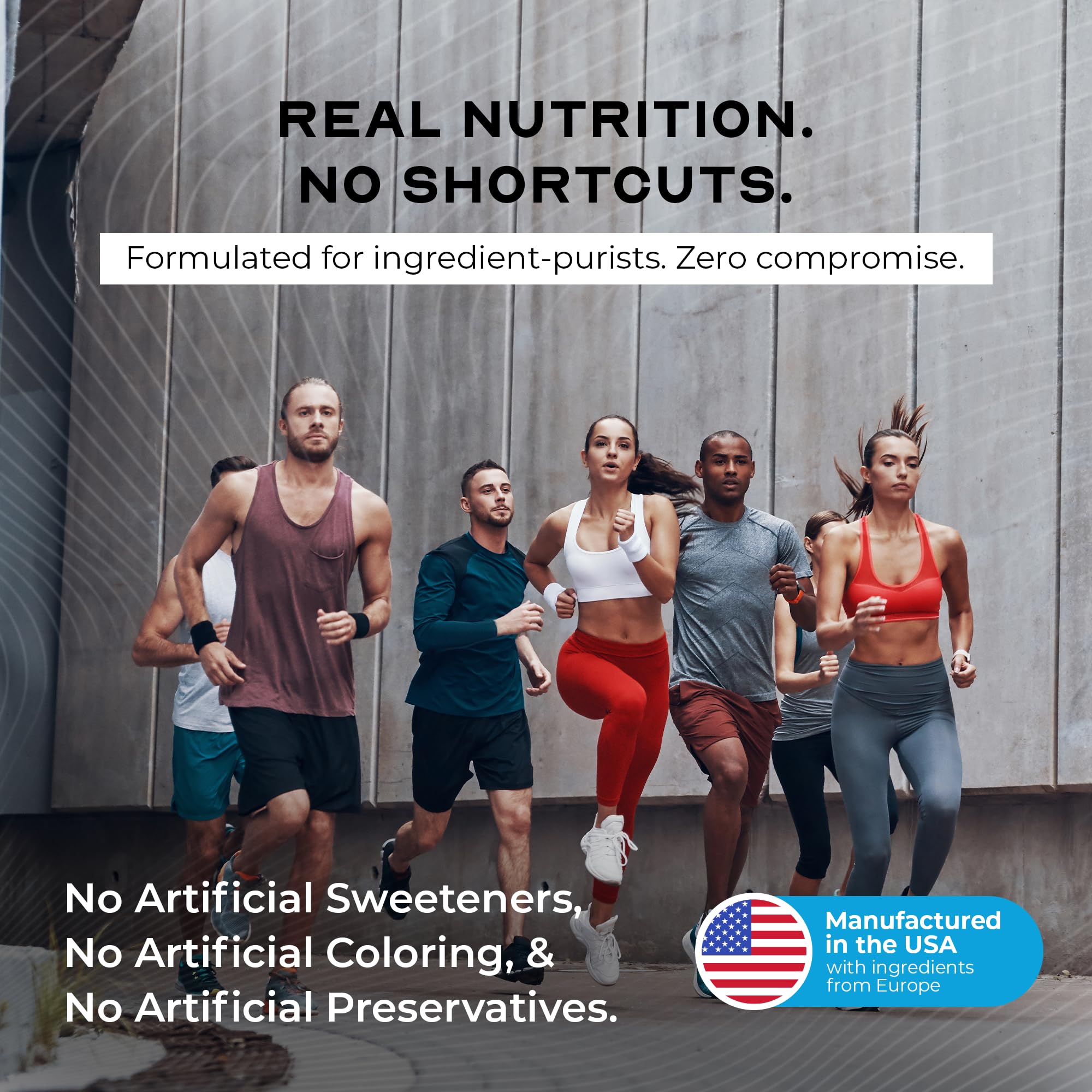 Muscle Feast stevia-sweetened formula shown on product label.