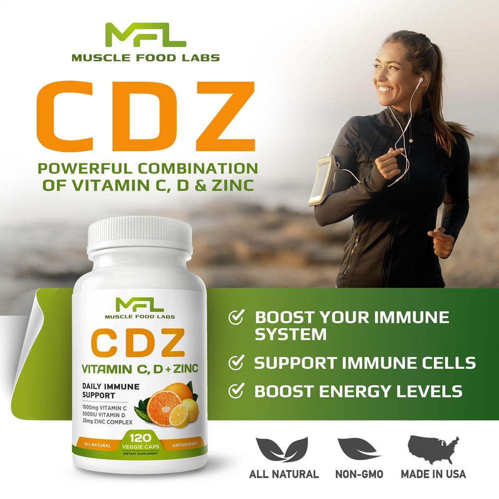 MUSCLE FOOD LABS C D Z vitamin D3 bottle showing 125 mcg (5000 IU) dosage