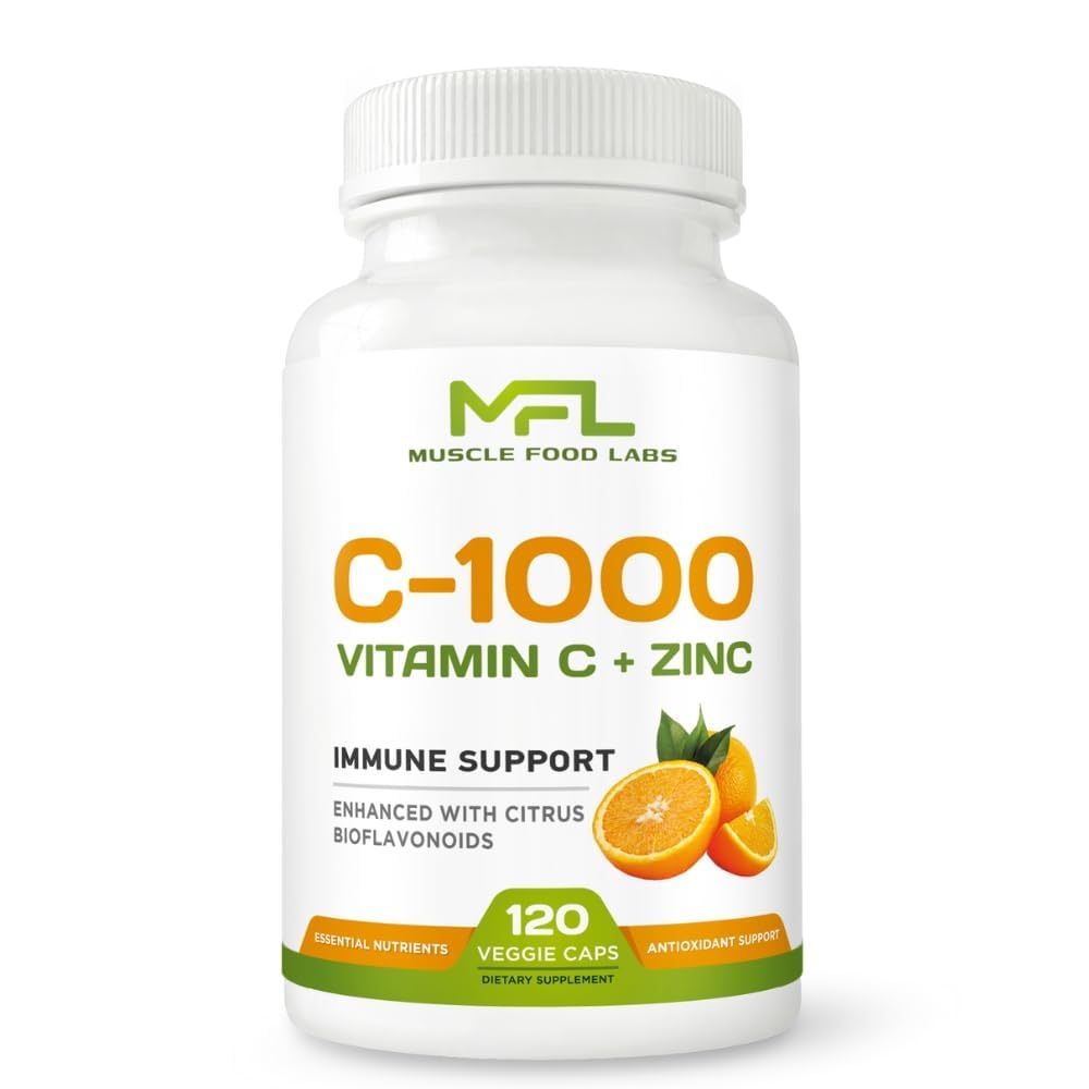 Muscle Food Labs Vitamin C + Zinc bottle front showing daily, non-GMO formula.