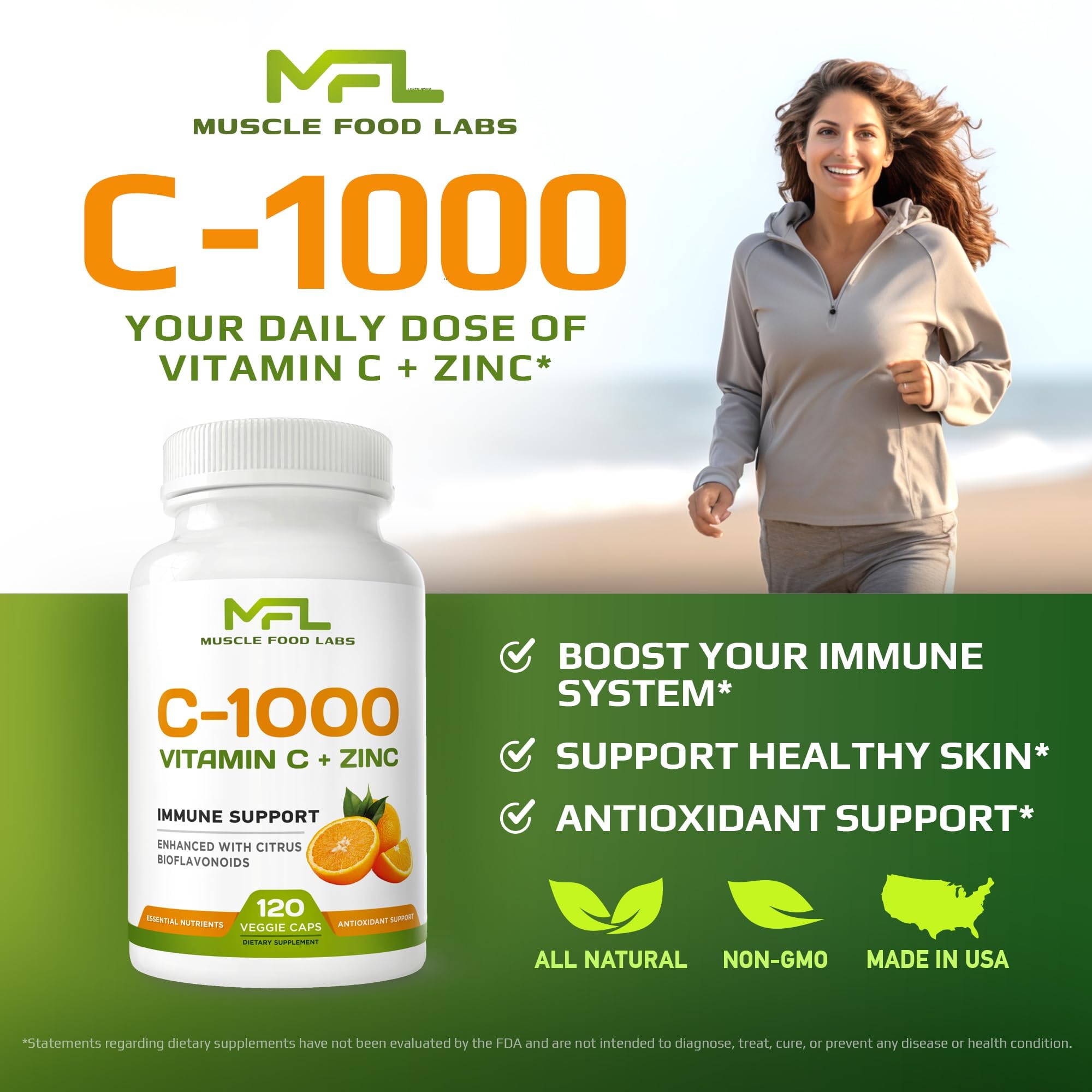Muscle Food Labs Vitamin C + Zinc bottle with glass of water for easy swallowing.