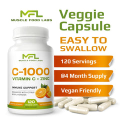 Nutrition label highlighting Vitamin C 1,000 mg and Zinc 25 mg in the Muscle Food Labs formula.