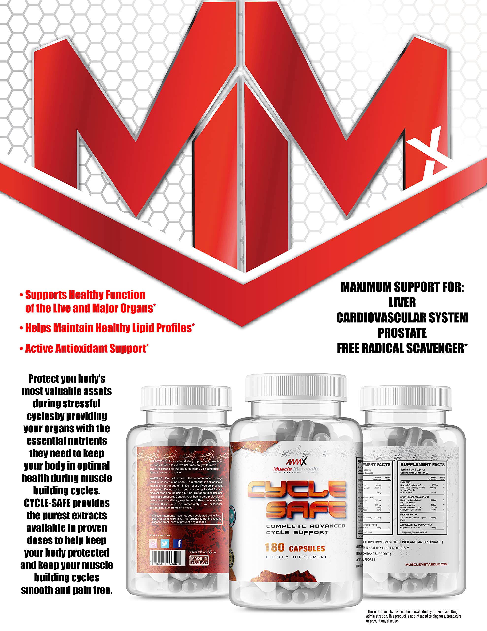 Muscle Metabolix Cycle Safe capsules on counter ready for a meals-based regimen.