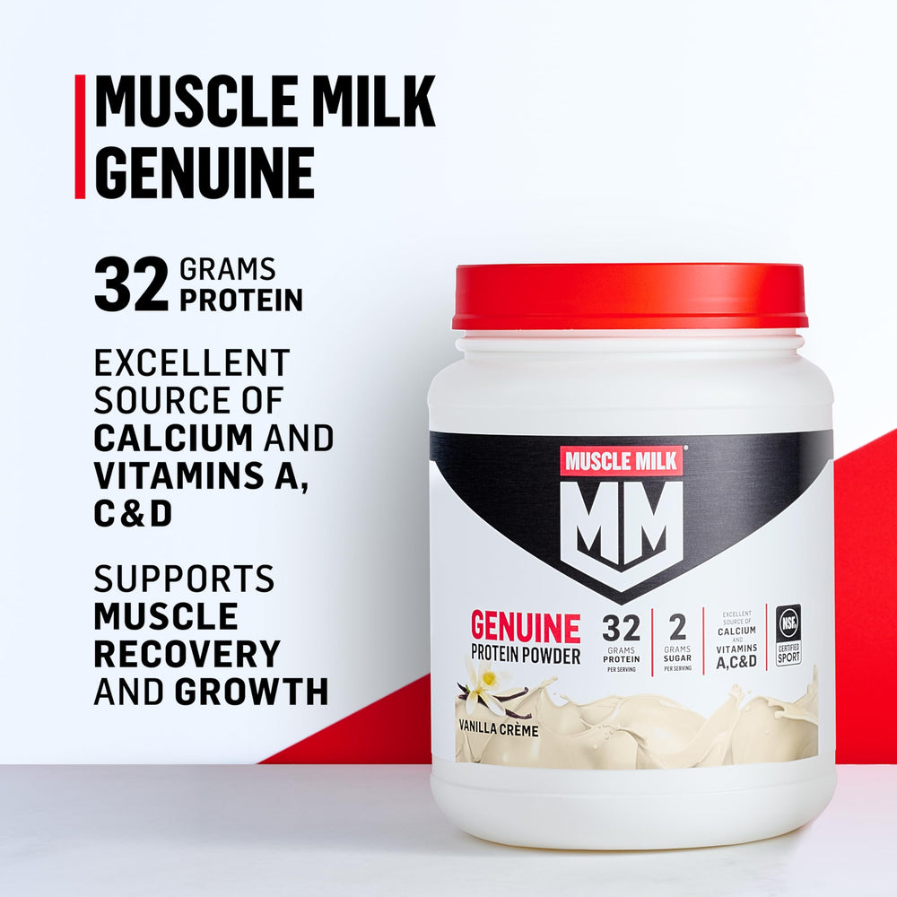 Muscle Milk chocolate powder suitable for a quick breakfast.