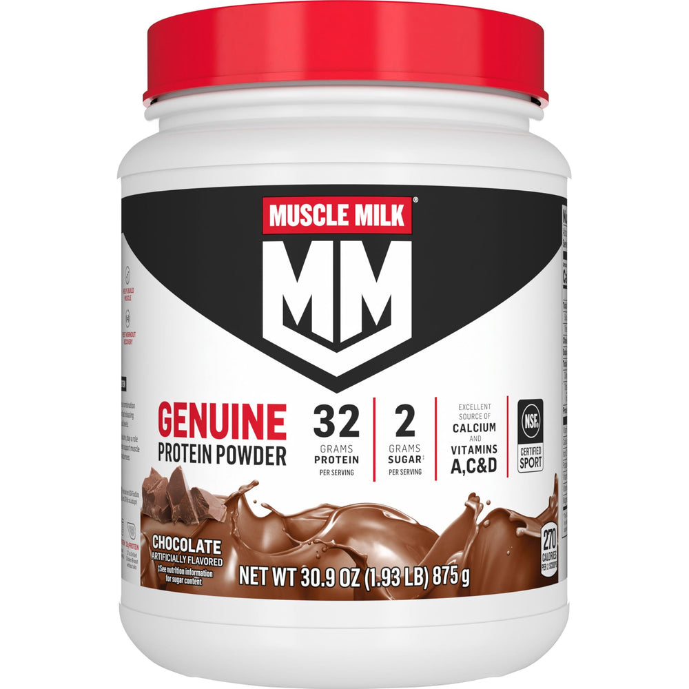 Muscle Milk Genuine Protein Powder chocolate canister for post-workout recovery and muscle support.