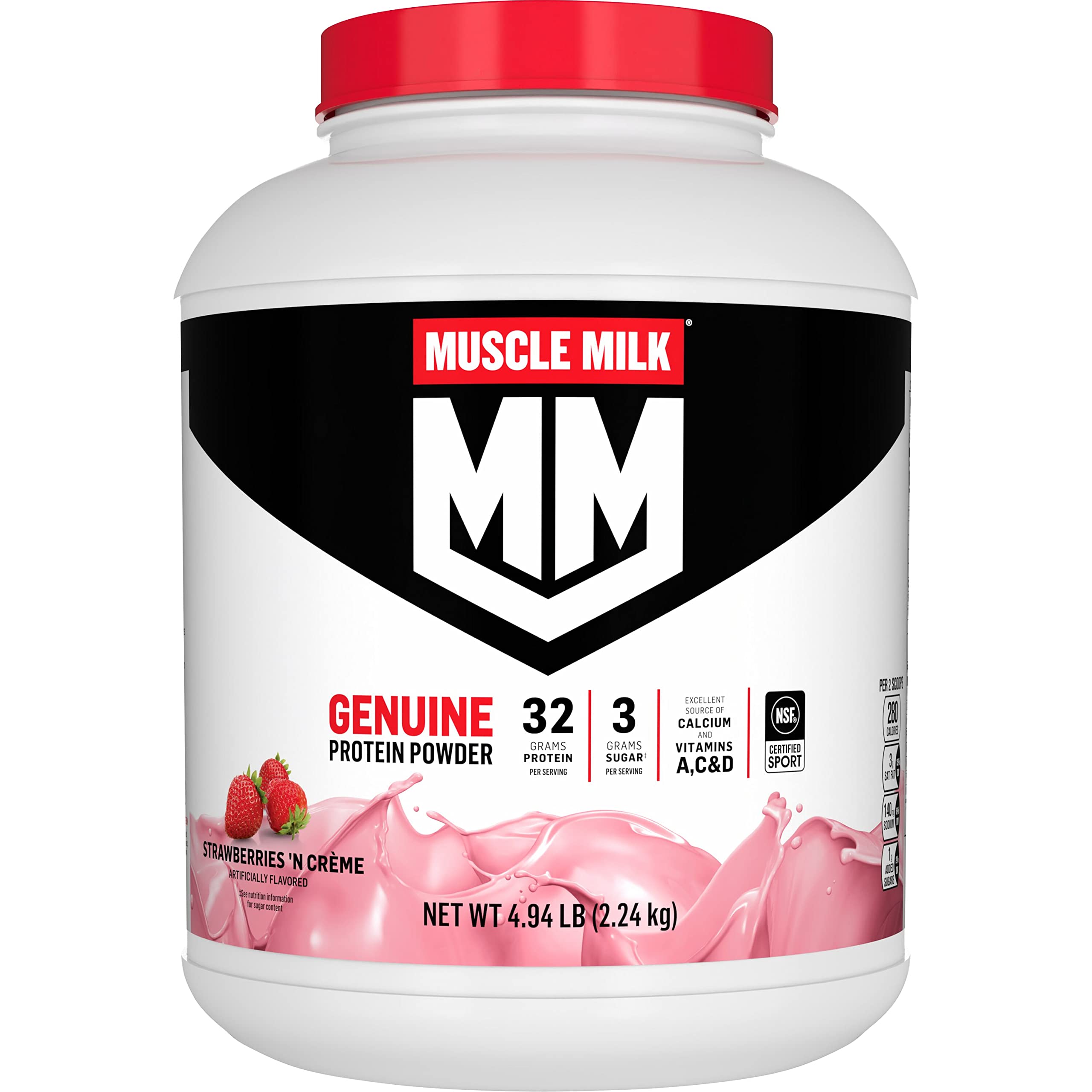 Muscle Milk Genuine Protein Powder canister with Strawberry's N Crème for post-workout recovery