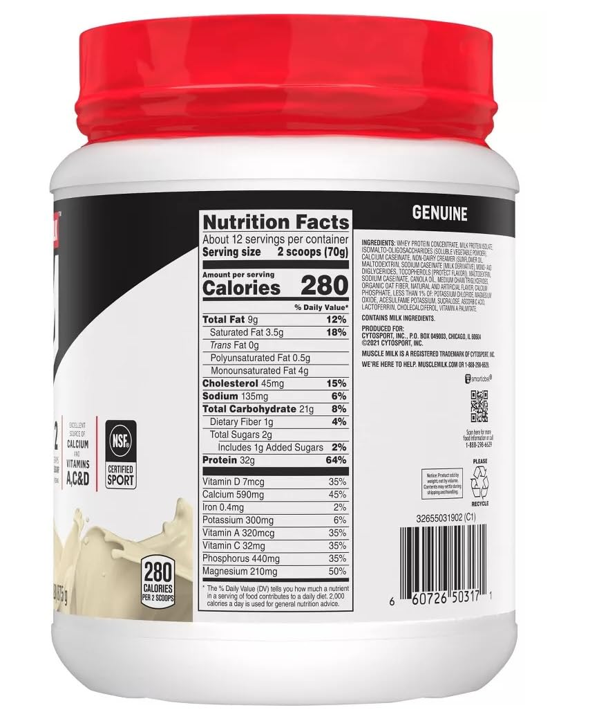 Muscle Milk Lean Muscle Vanilla Creme nutrition label aiding protein tracking.