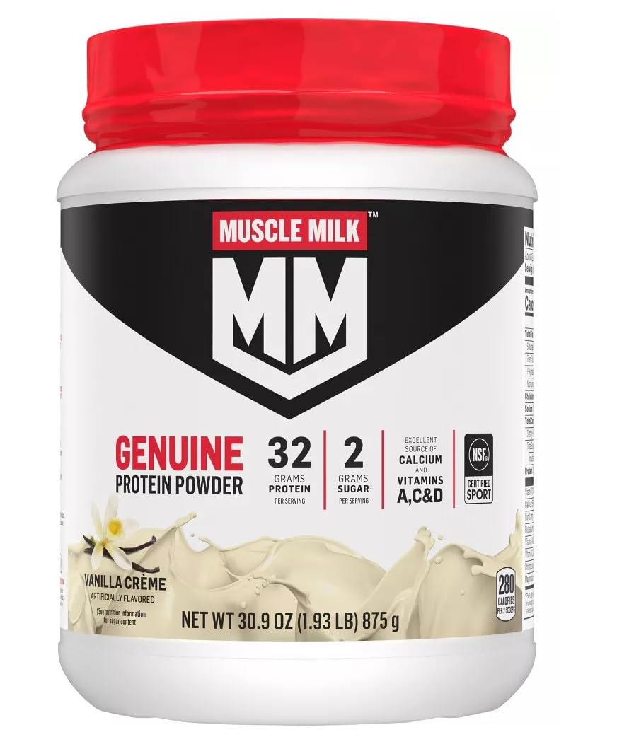 Muscle Milk Lean Muscle Vanilla Creme tub front for post-workout refuel.