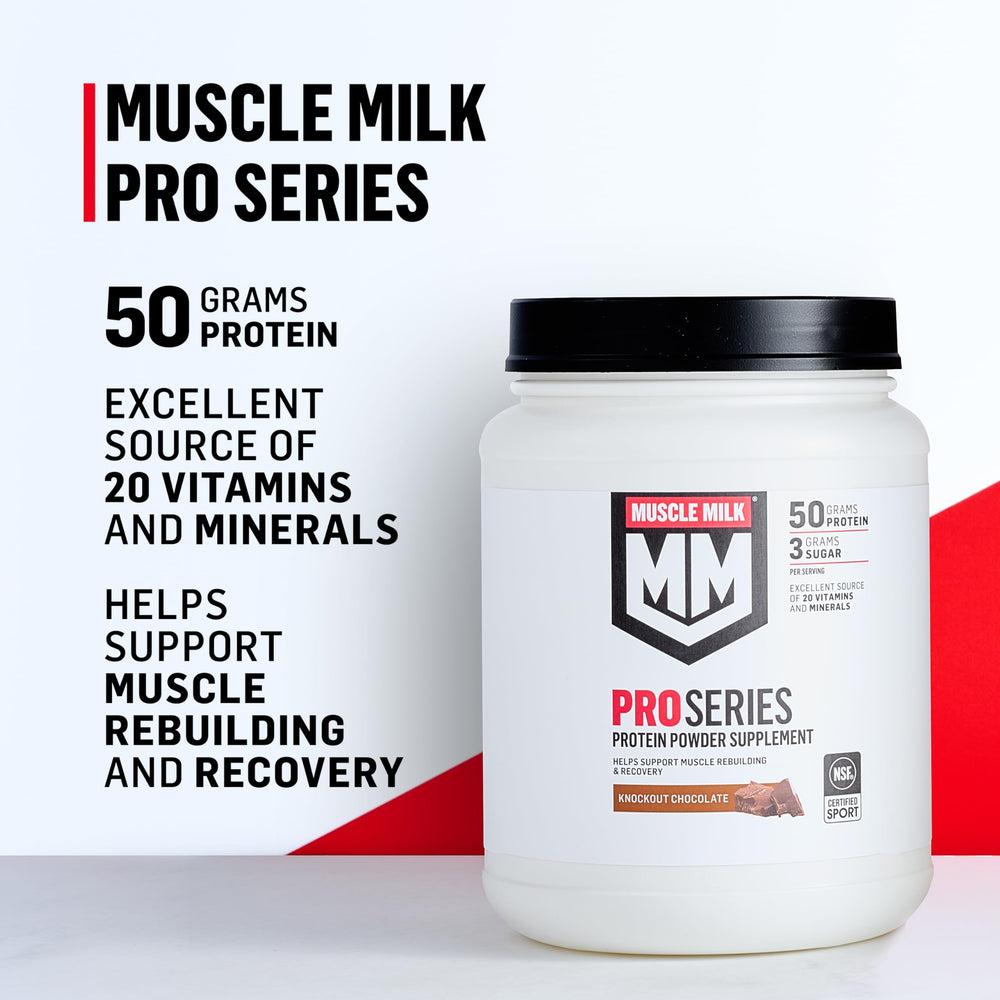 Muscle Milk Pro Series bottle on kitchen counter ready for breakfast.