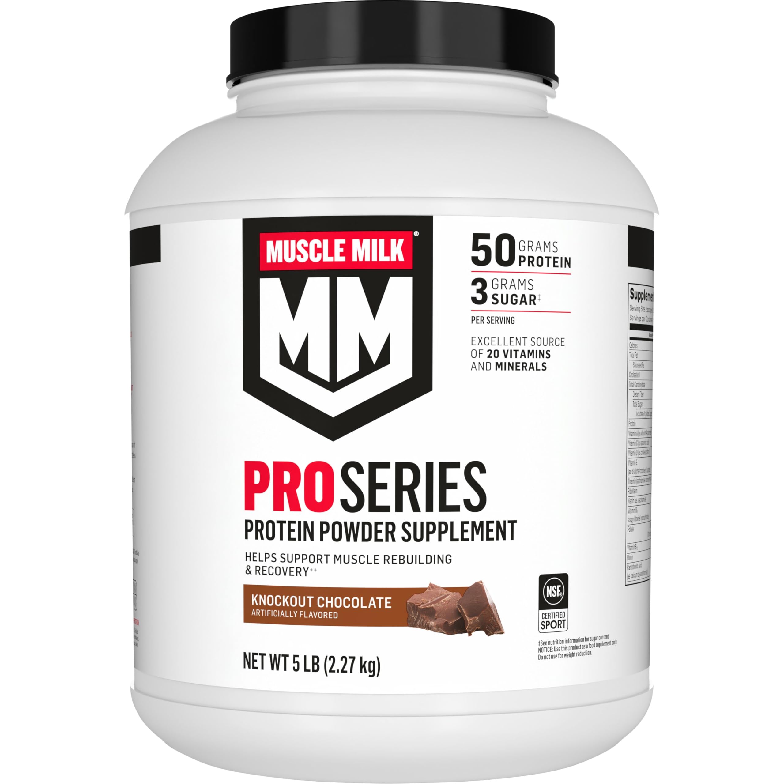 Muscle Milk Pro Series Knockout Chocolate canister for post-workout recovery.
