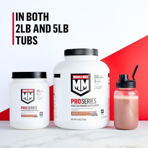 Muscle Milk Pro Series canister with nutrition panel indicating high protein per serving.