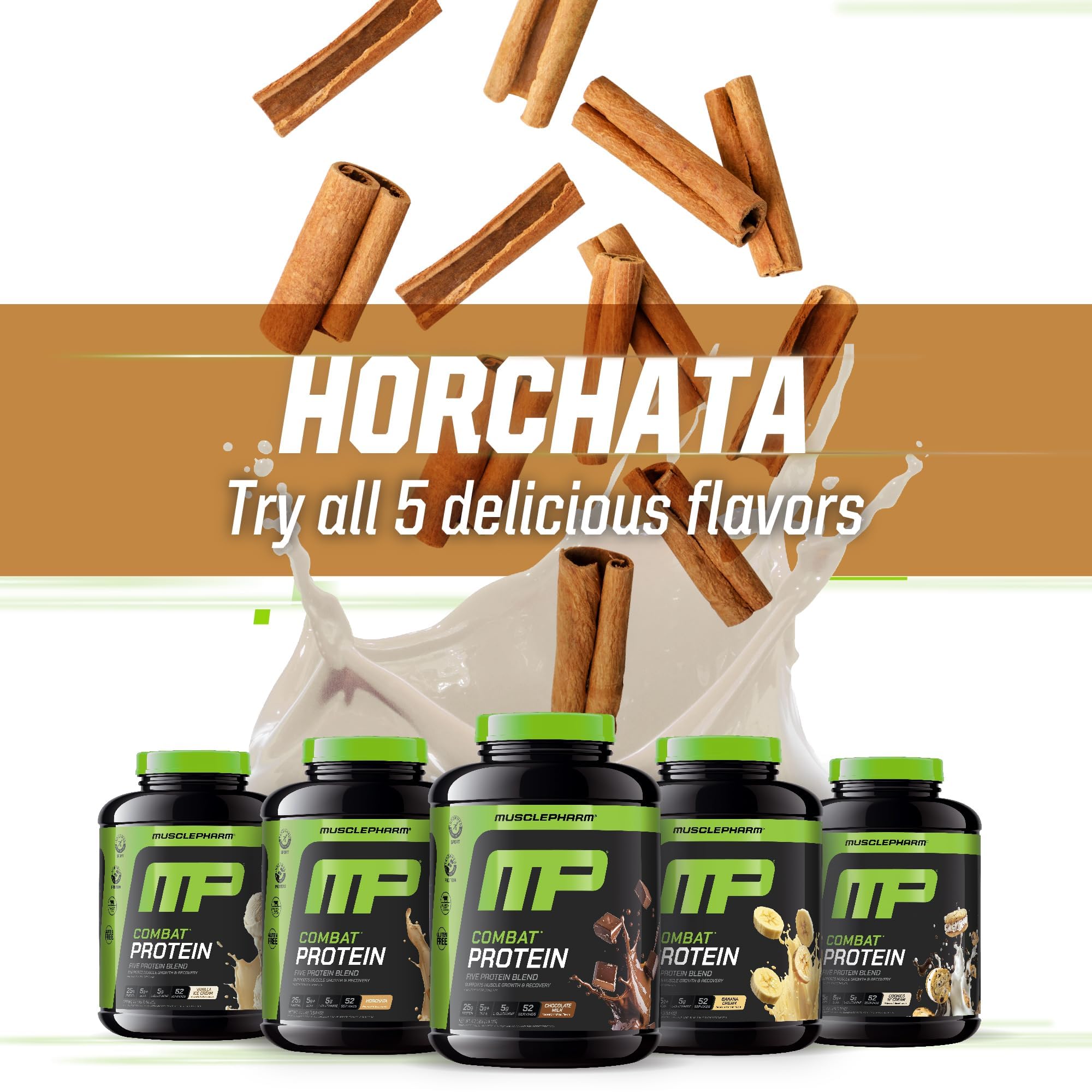 Tub on a shelf displaying MusclePharm Combat.