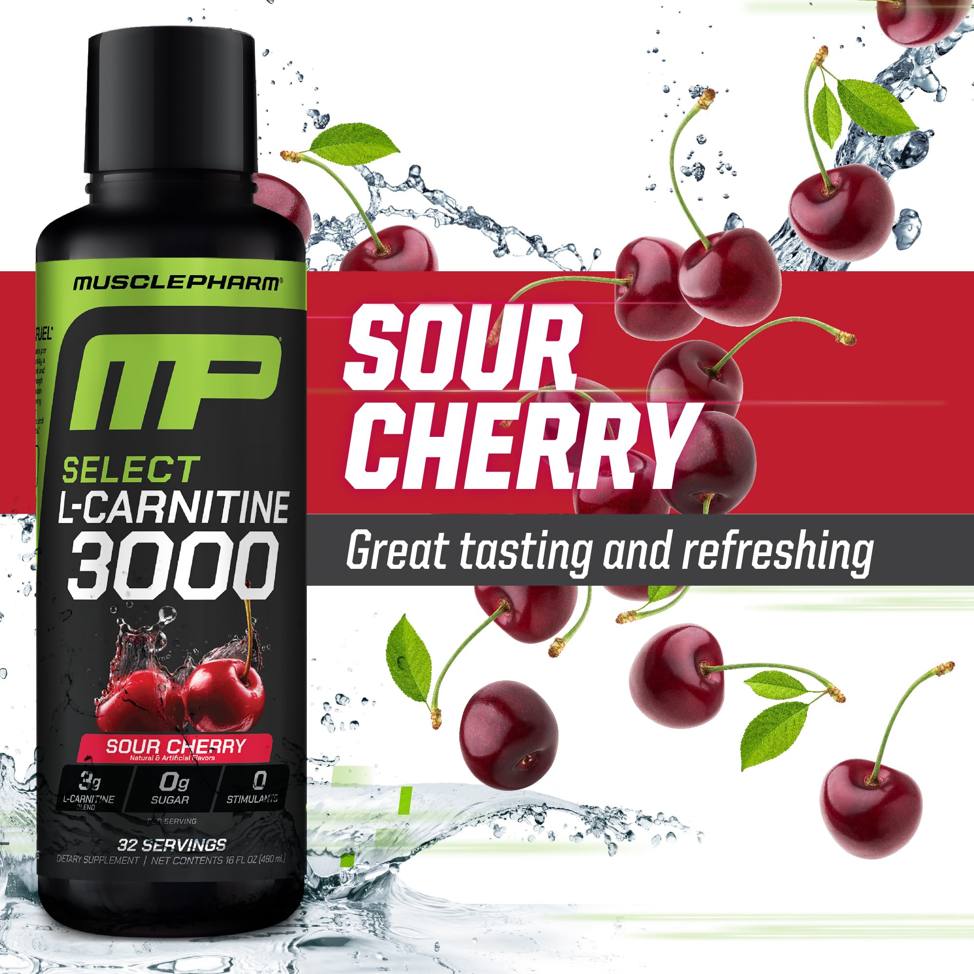 MusclePharm L-Carnitine 3000 peach-nectarine bottle highlighting flavor and low-calorie formula