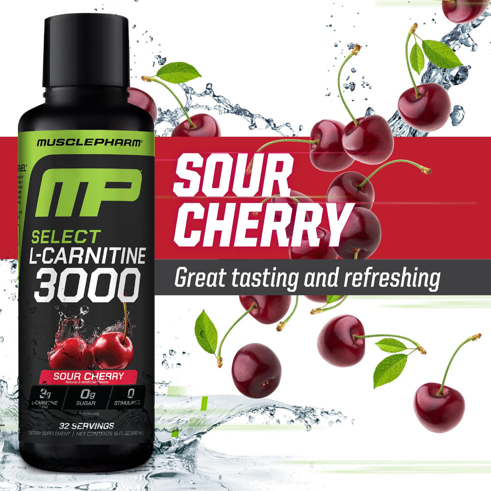 MusclePharm L-Carnitine 3000 peach-nectarine bottle highlighting flavor and low-calorie formula