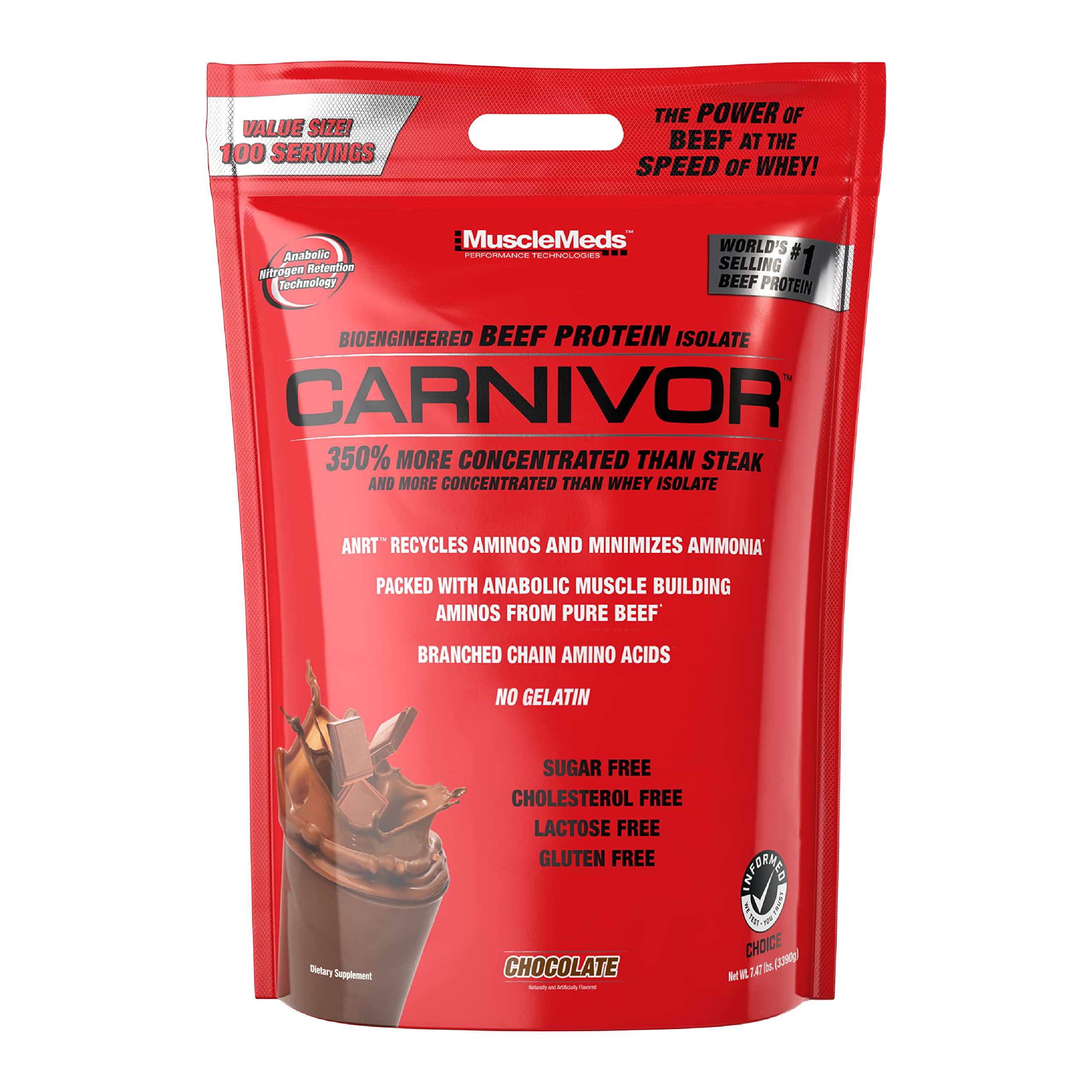 MuscleMeds Carnivor tub of beef protein isolate for muscle-supporting shakes.