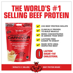 Close-up of MuscleMeds Carnivor beef protein scoop with powder texture.