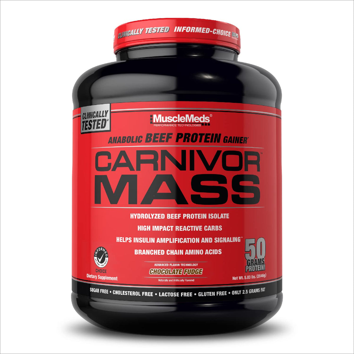 MuscleMeds Carnivor Mass beef protein bottle; high-protein formula supports post-workout recovery.
