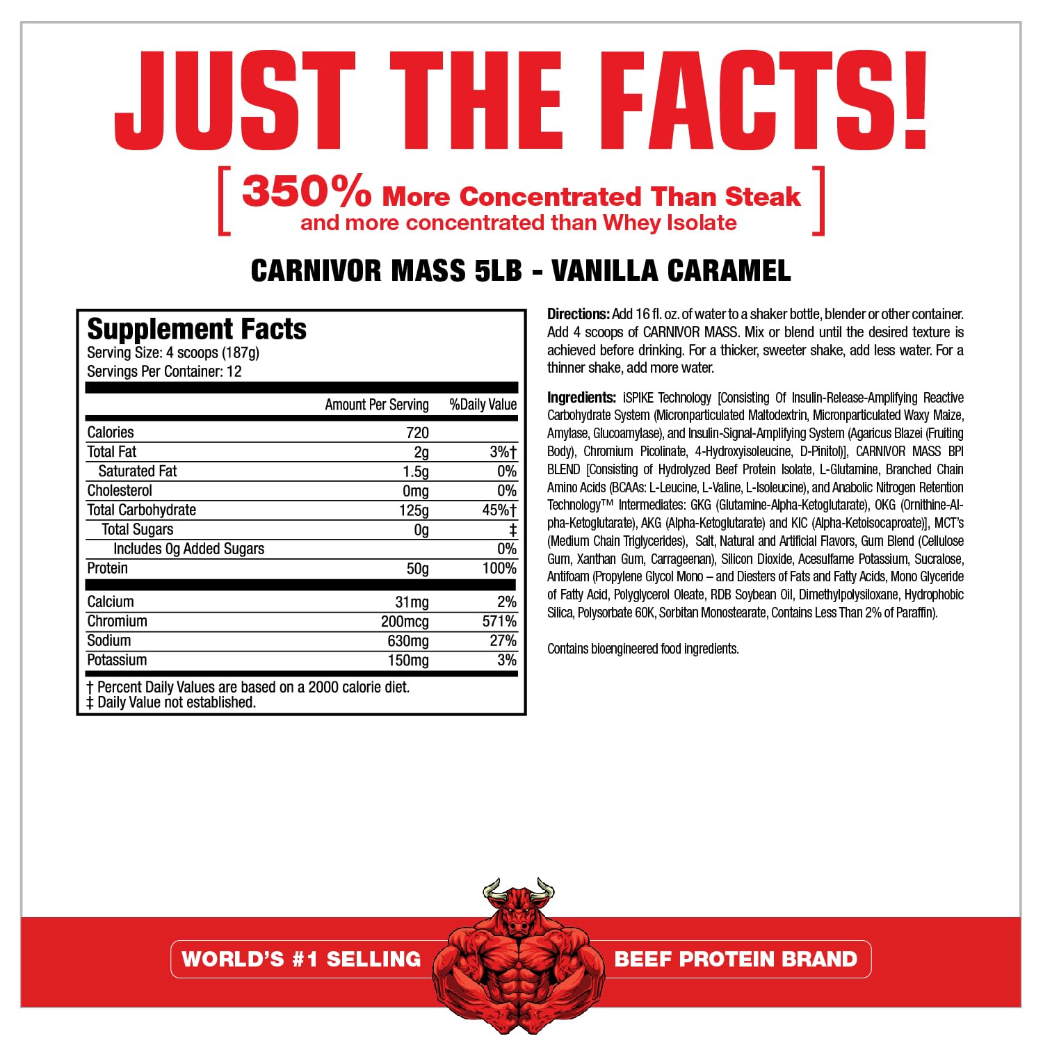 Nutrition panel close-up emphasizes 50g protein and 125g carbs per serving.
