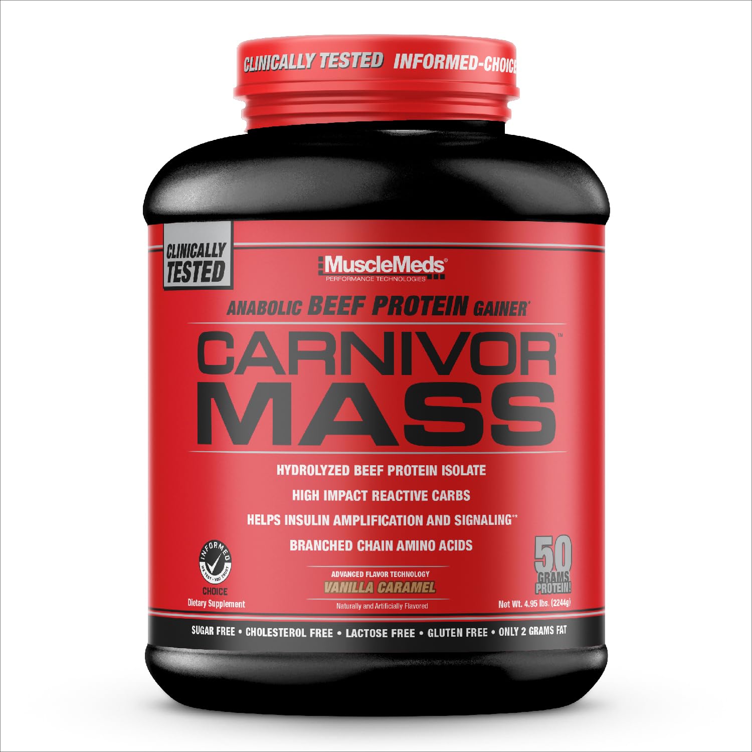 MuscleMeds CARNIVOR Mass Gainer packaging front shows beef protein isolate for clean gains.