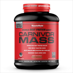 MuscleMeds CARNIVOR Mass Gainer packaging front shows beef protein isolate for clean gains.