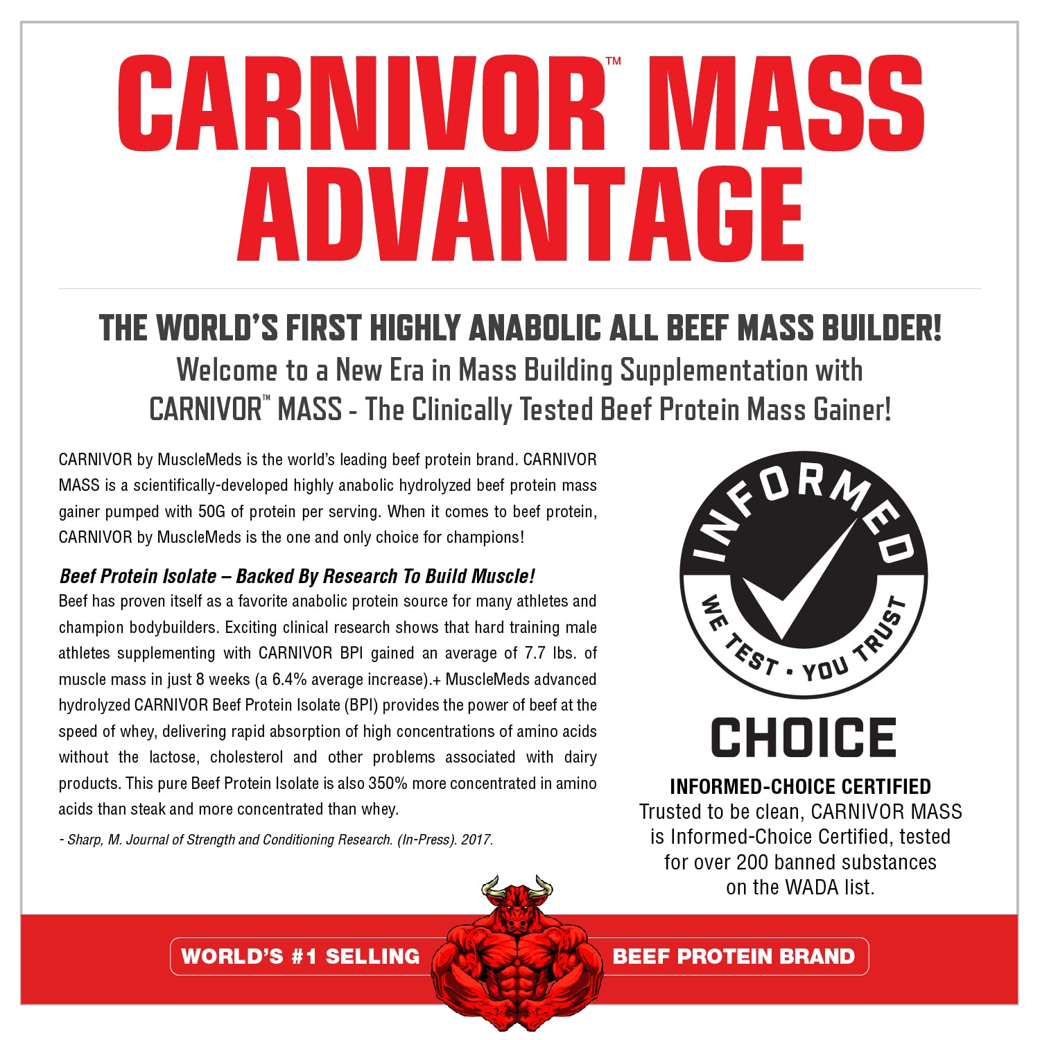 Measuring scoop with Carnivor Mass; convenient mass-building supplement for workouts.