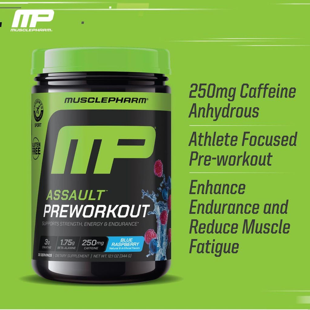 MusclePharm Assault blue raspberry liquid ready for a focused training session.