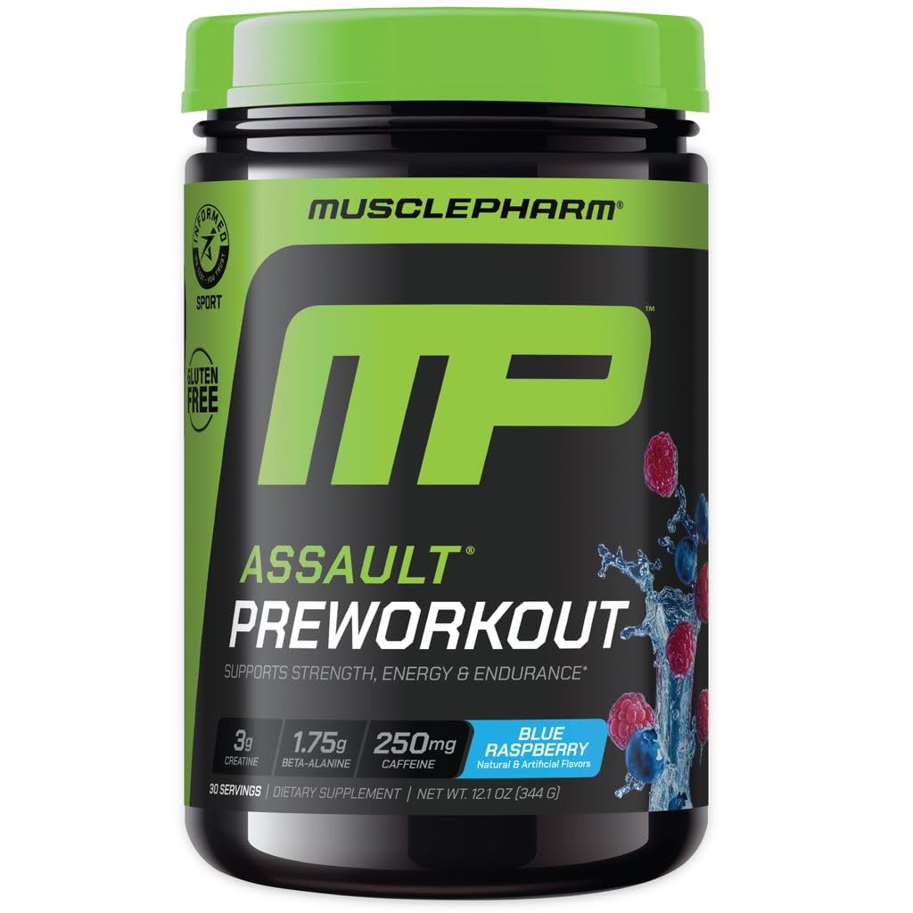 MusclePharm Assault blue raspberry powder in a tub for pre-workout energy boost.