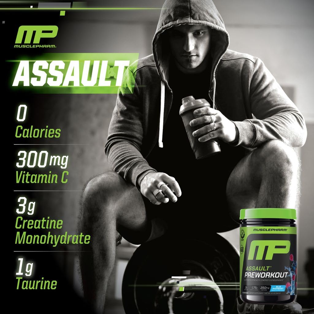 MusclePharm Assault front-of-tub display highlighting flavor and zero calories.
