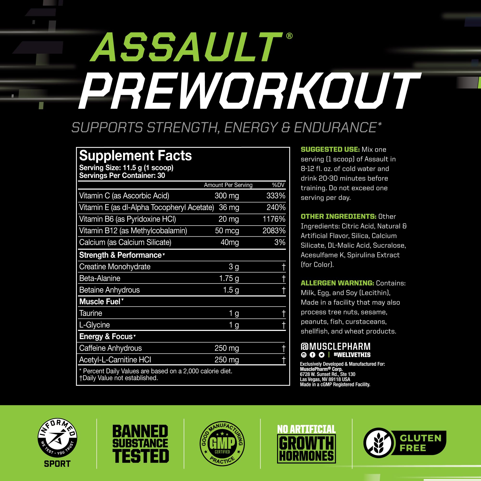MusclePharm Assault powder dissolving in water for quick, refreshing mix.