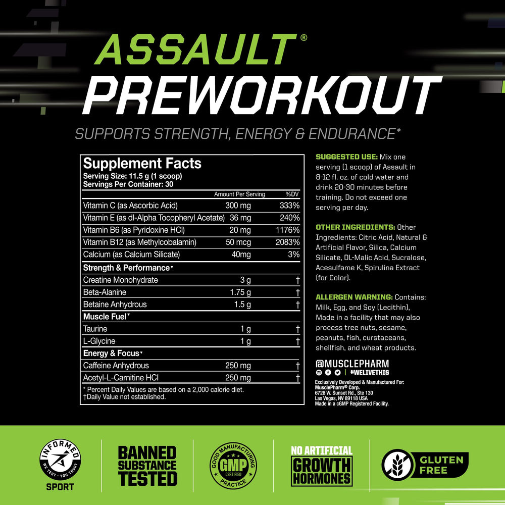 MusclePharm Assault powder dissolving in water for quick, refreshing mix.