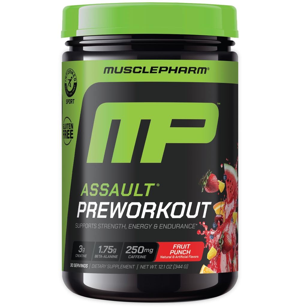 MusclePharm Assault pre-workout bottle in fruit punch flavor boosts energy for intense training.