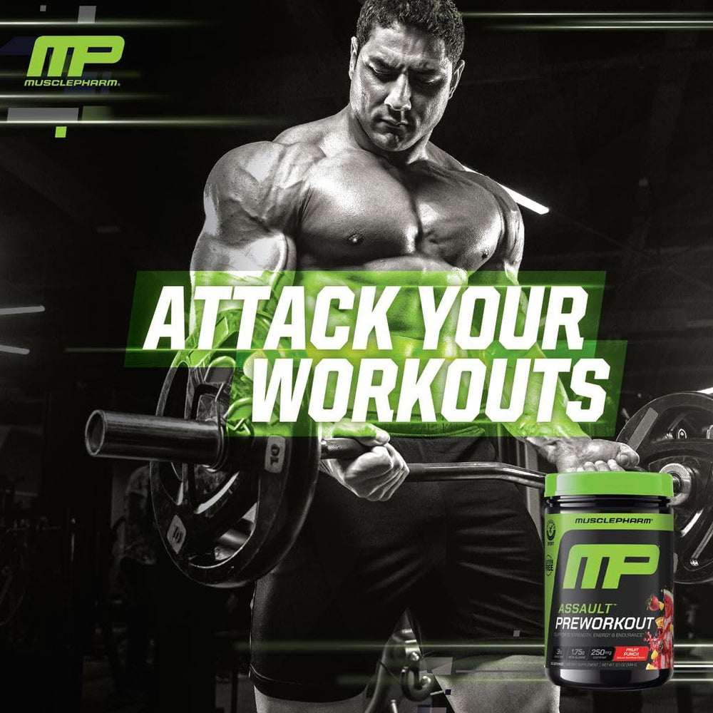 MusclePharm Assault ingredient panel shows beta-alanine and betaine content.