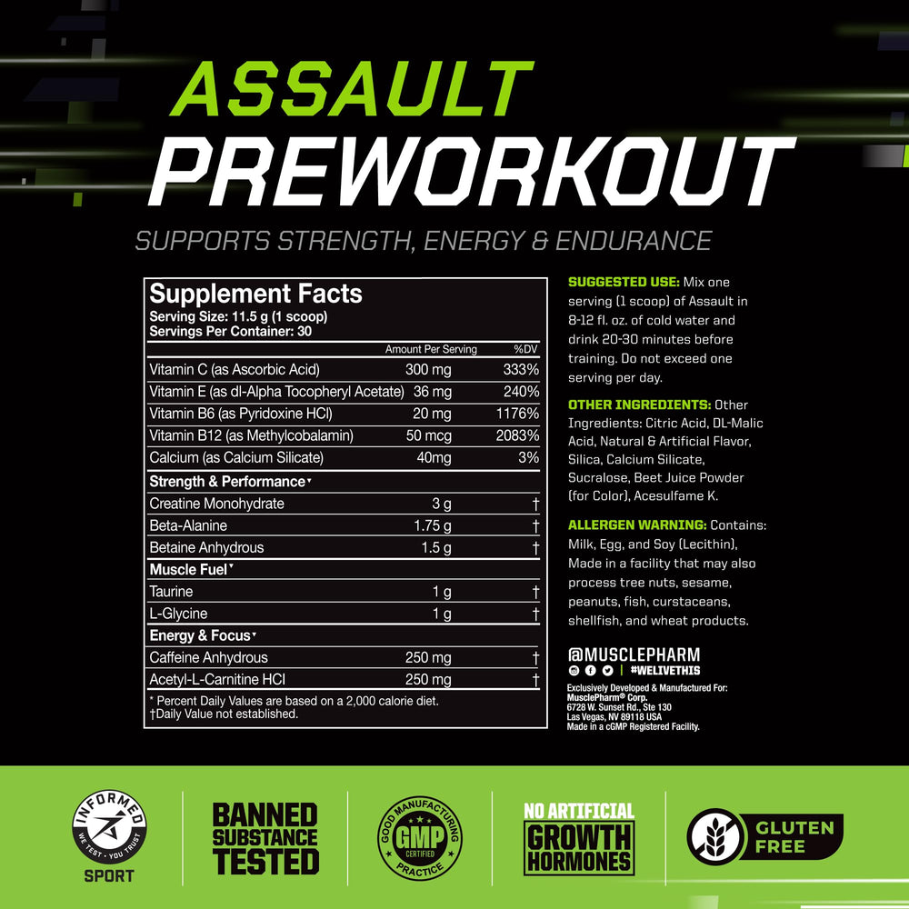 MusclePharm Assault label highlights caffeine and creatine for peak sessions.