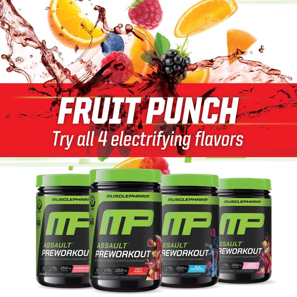 MusclePharm Assault fruit punch flavor emphasizes refreshing taste during training.