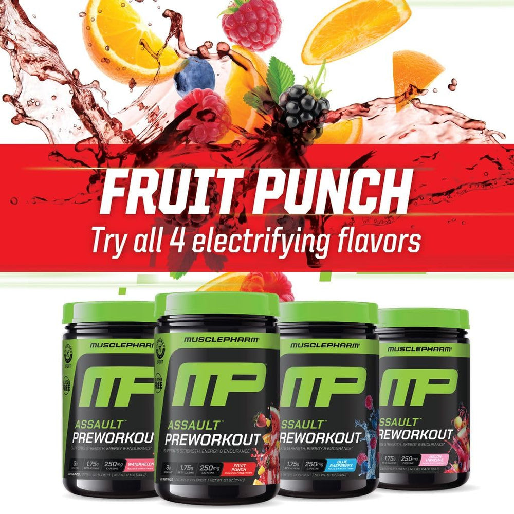 MusclePharm Assault fruit punch flavor emphasizes refreshing taste during training.