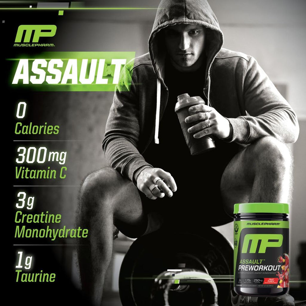 MusclePharm Assault powder dissolving in water for quick pre-workout shake.