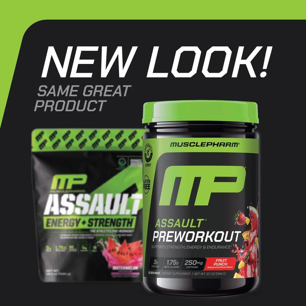 MusclePharm Assault scoop with powder ready to mix for workouts.