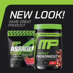 MusclePharm Assault scoop with powder ready to mix for workouts.