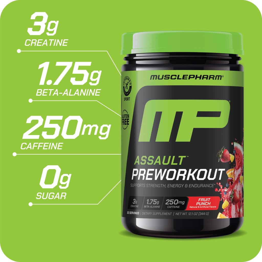 MusclePharm Assault bottle on gym shelf suggests convenient pre-workout routine.