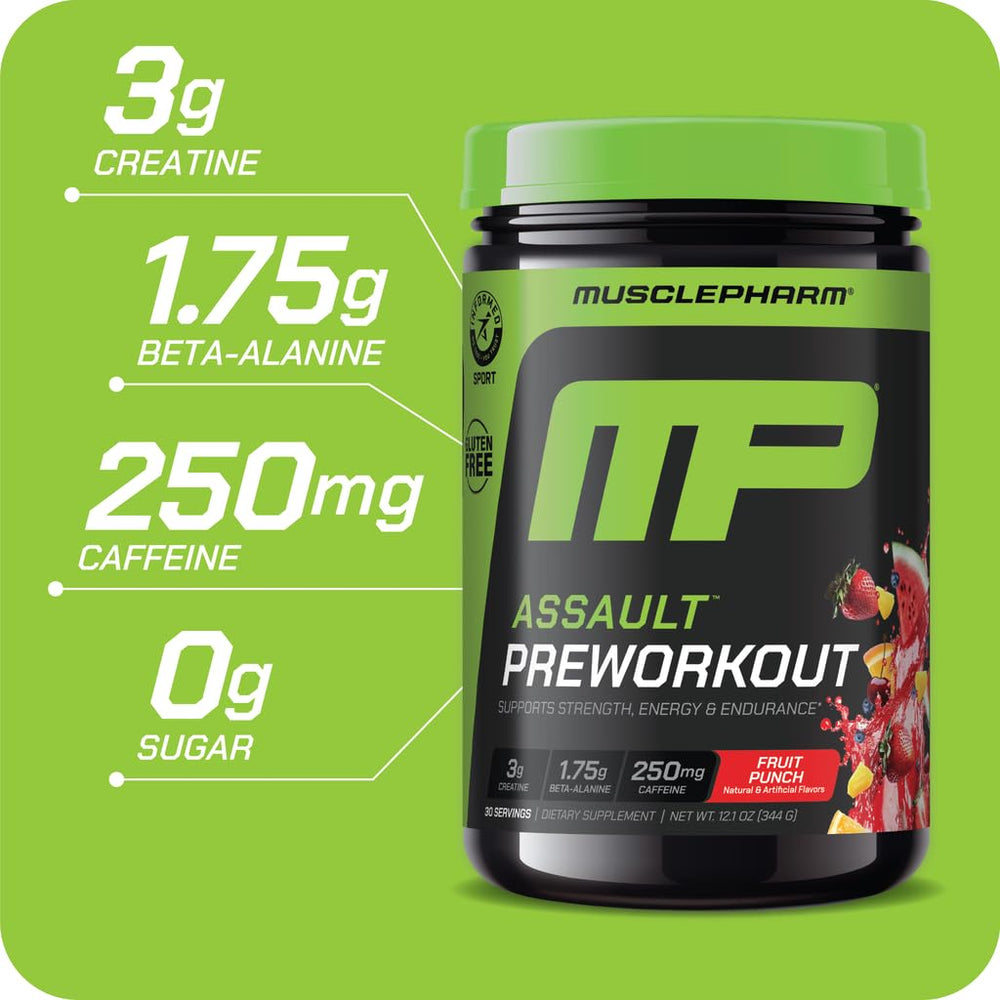 MusclePharm Assault bottle on gym shelf suggests convenient pre-workout routine.