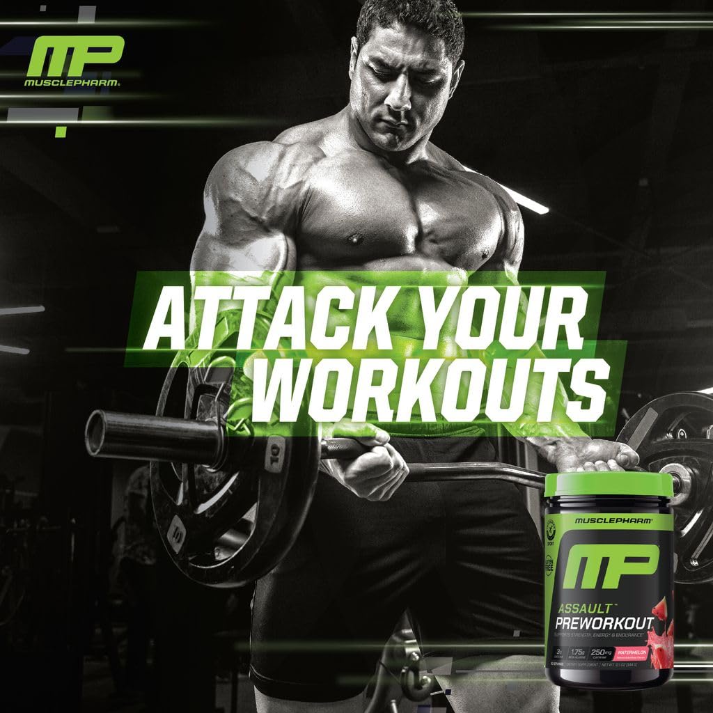 MusclePharm Assault pre-workout bottle with scoop pouring into water