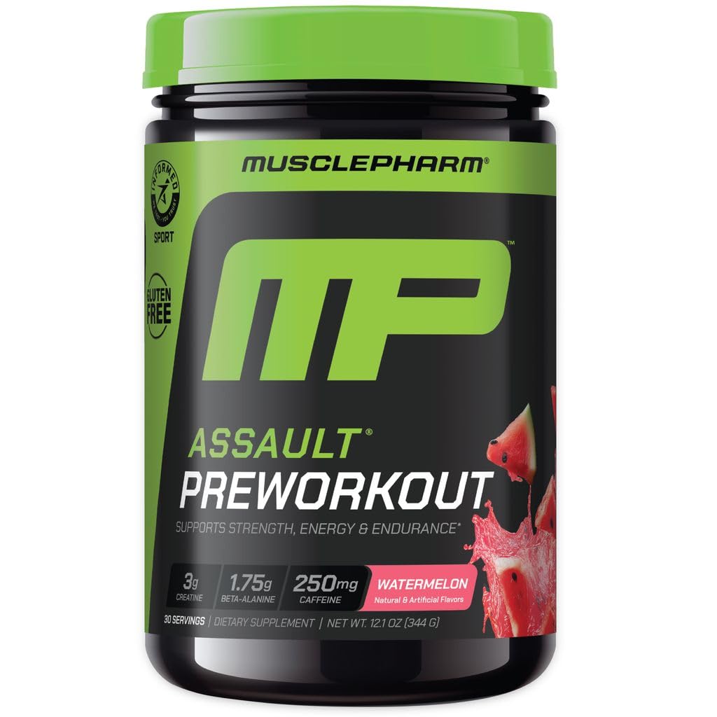 MusclePharm Assault watermelon powder scoop energizes workouts before training
