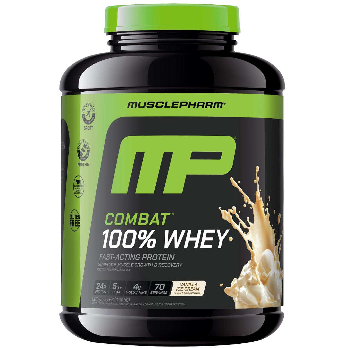 MusclePharm Combat 100% Whey Vanilla tub ready for post-workout recovery.