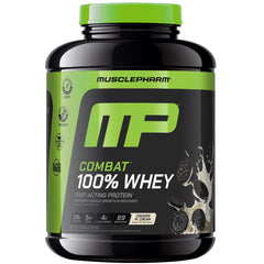 MusclePharm Combat 100% Whey packaging shows Cookies 'N' Cream flavor and gluten-free formula.