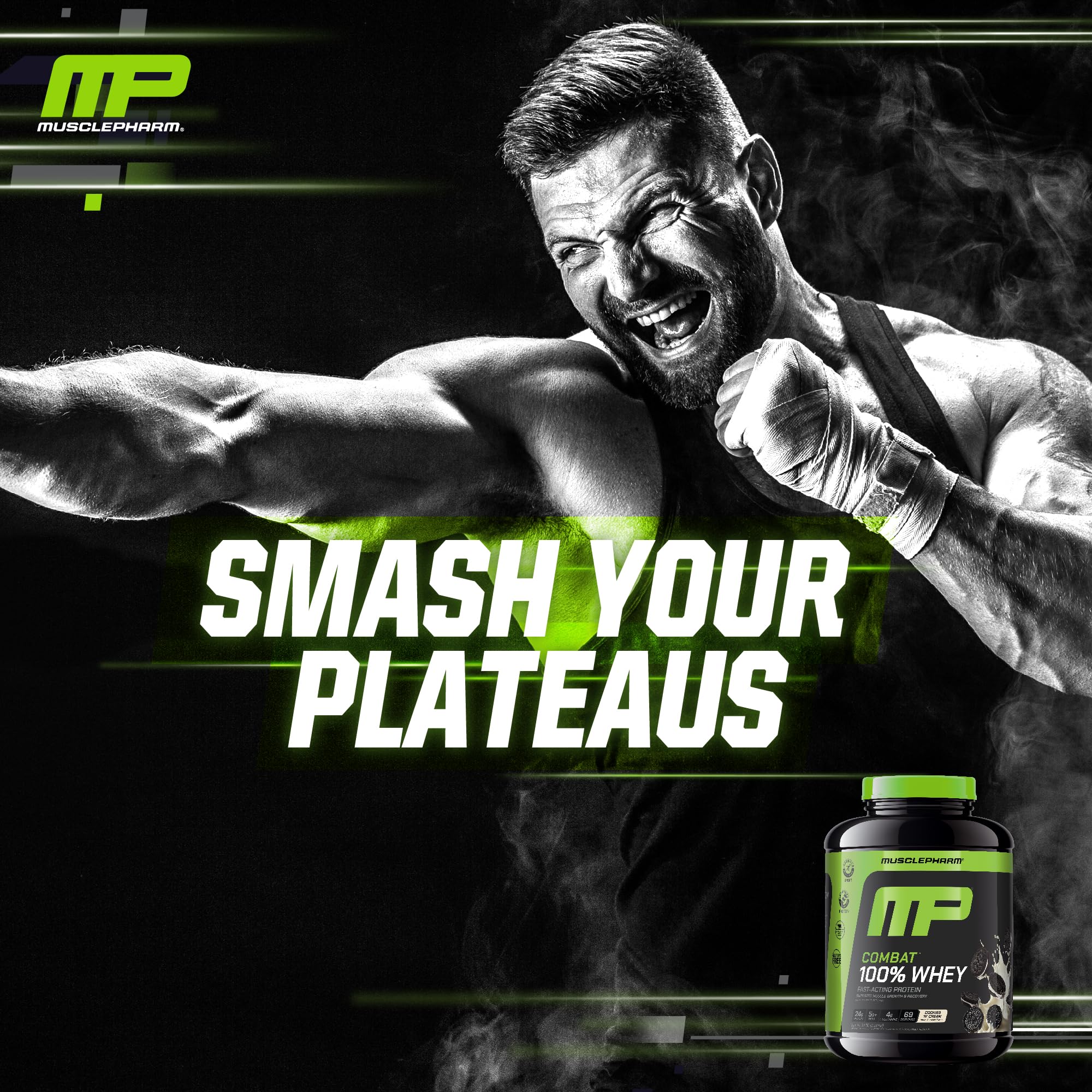 Gluten-free MusclePharm Combat 100% Whey packaging nutrition label.