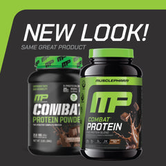 MusclePharm Combat Protein Powder scoop beside tub shows five protein sources.