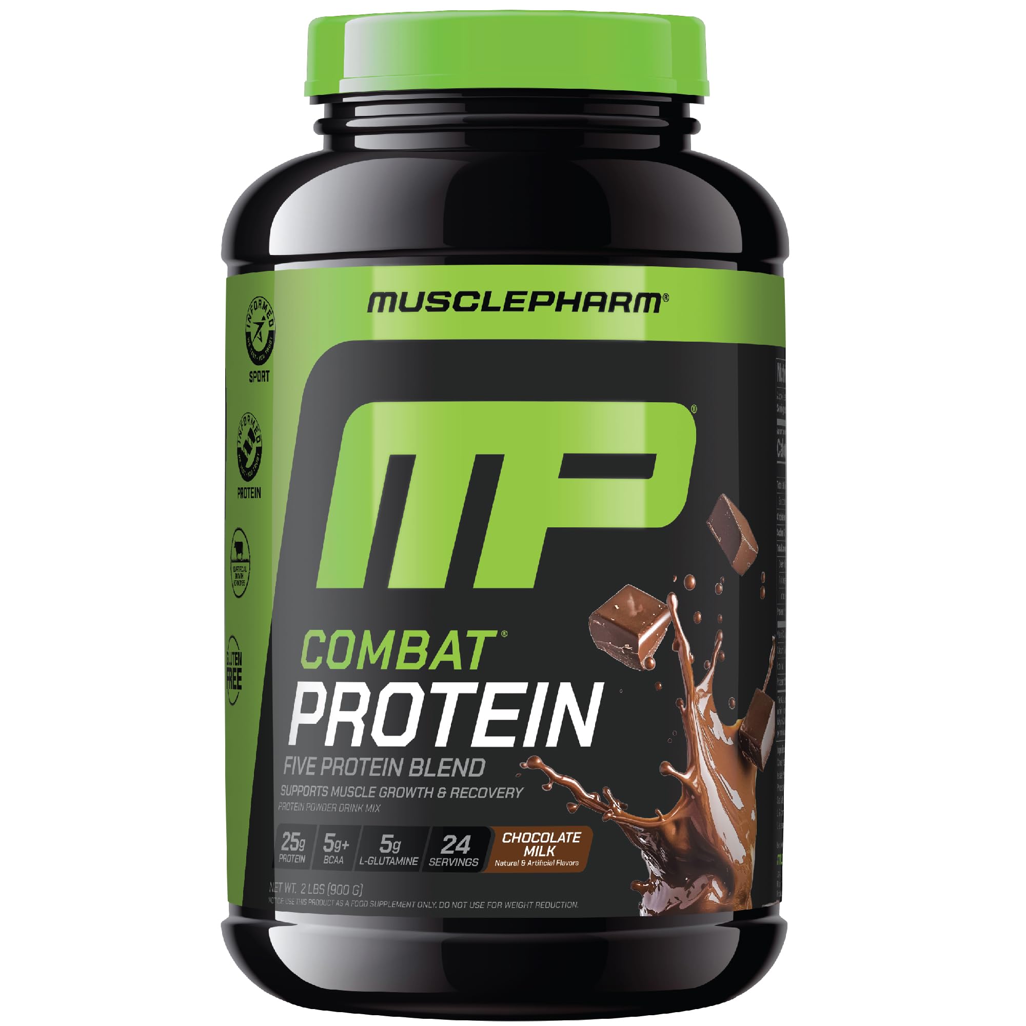 MusclePharm Combat Protein Powder chocolate milk tub highlighting 25g protein per serving.