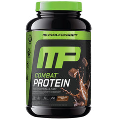 MusclePharm Combat Protein Powder chocolate milk tub highlighting 25g protein per serving.