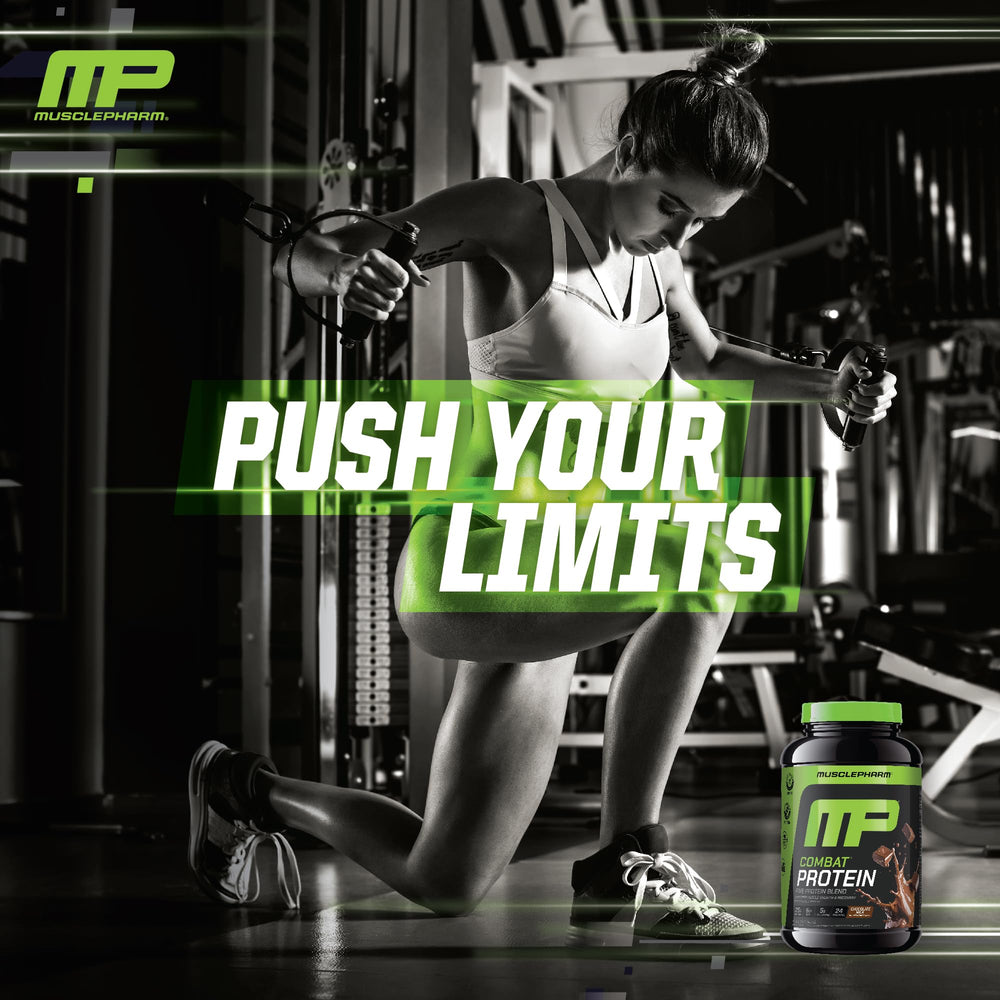 Gluten-free badge on MusclePharm Combat Protein packaging.