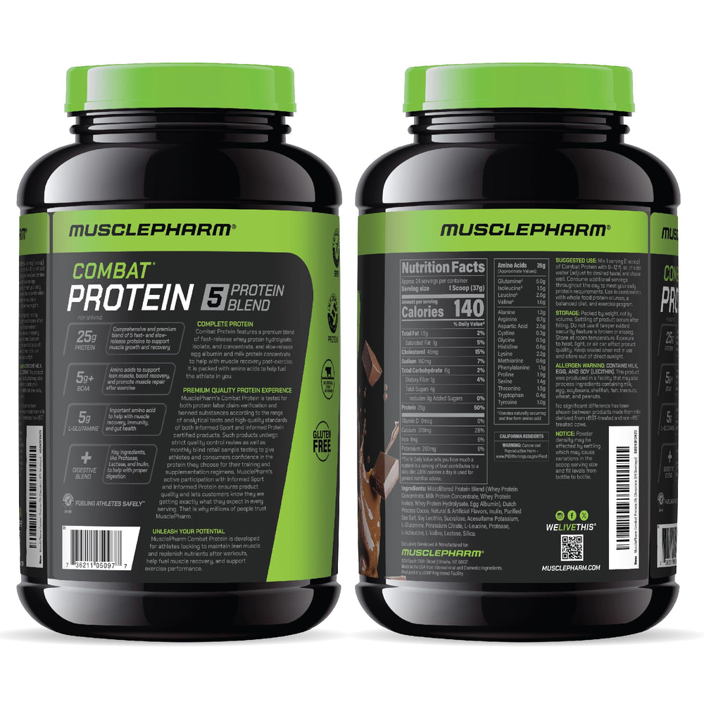 Post-workout shake ready with Chocolate Milk flavor MusclePharm Combat Protein.