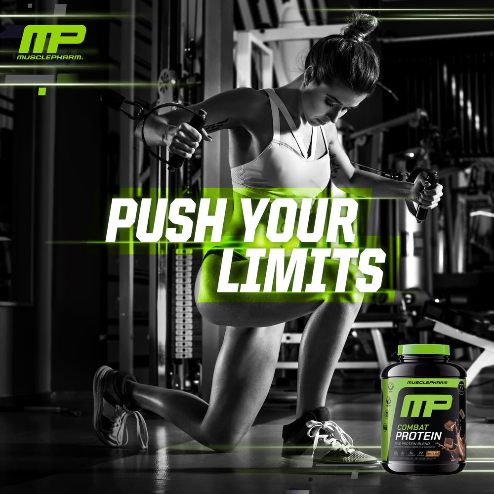 MusclePharm Combat Protein Powder 6.2 lb tub signals value and servings